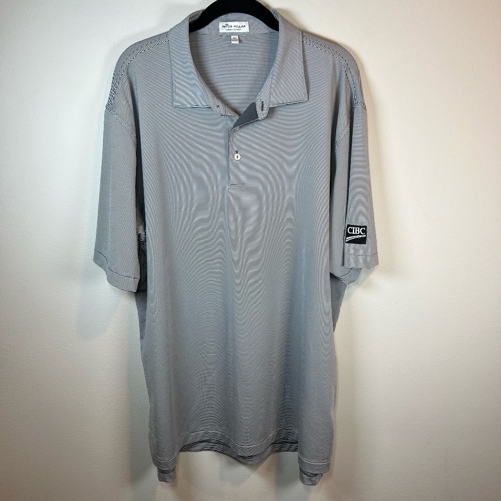 Peter Millar Summer Comfort Polo Shirt Gray White Striped Stretch Golf Summer XL